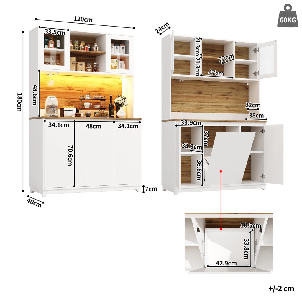 Credenza 120x40x180 cm con LED; ante in acrilico; MDF e metallo; bianco
