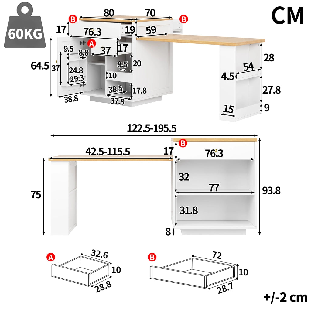 TAVOLO ISOLA CUCINA ESTRAIBILE 122,5-195,5 CM BIANCO MDF