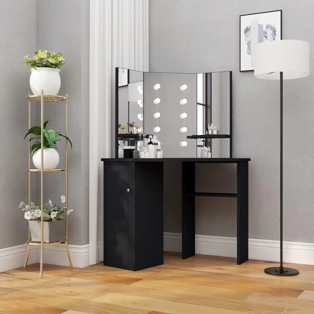 Tavolino da Trucco-Toeletta Angolare con LED Nero 111x54x141,5 cm