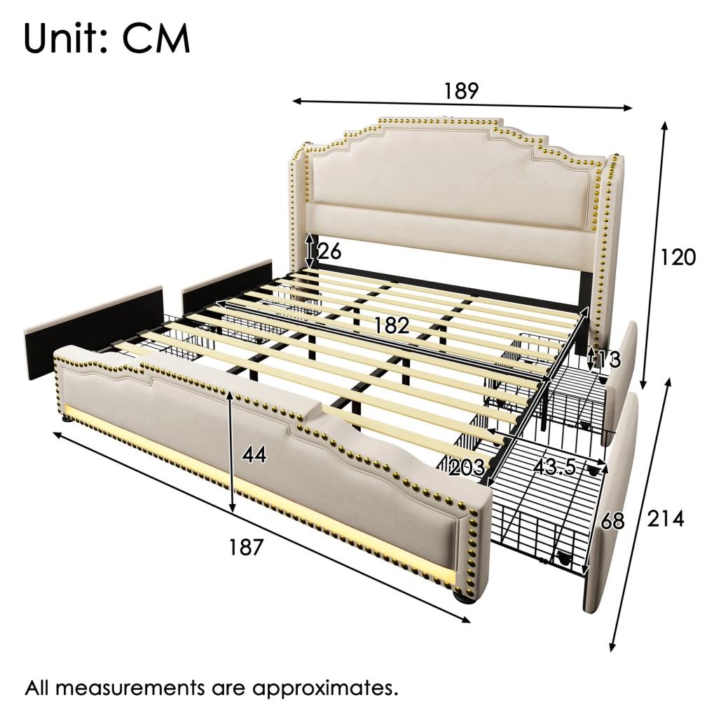 Letto matrimoniale 180x200 con 4 cassetti, LED e porte USB-C