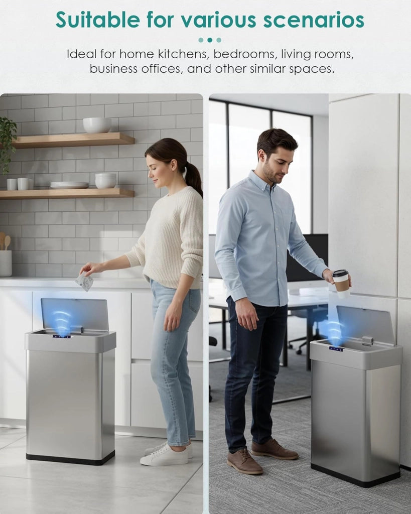 Pattumiera con sensore, pattumiera da cucina, 60 litri, coperchio elettrico con anello di serraggio per sacchetti della spazzatura, pattumiera automatica senza contatto, in acciaio inox