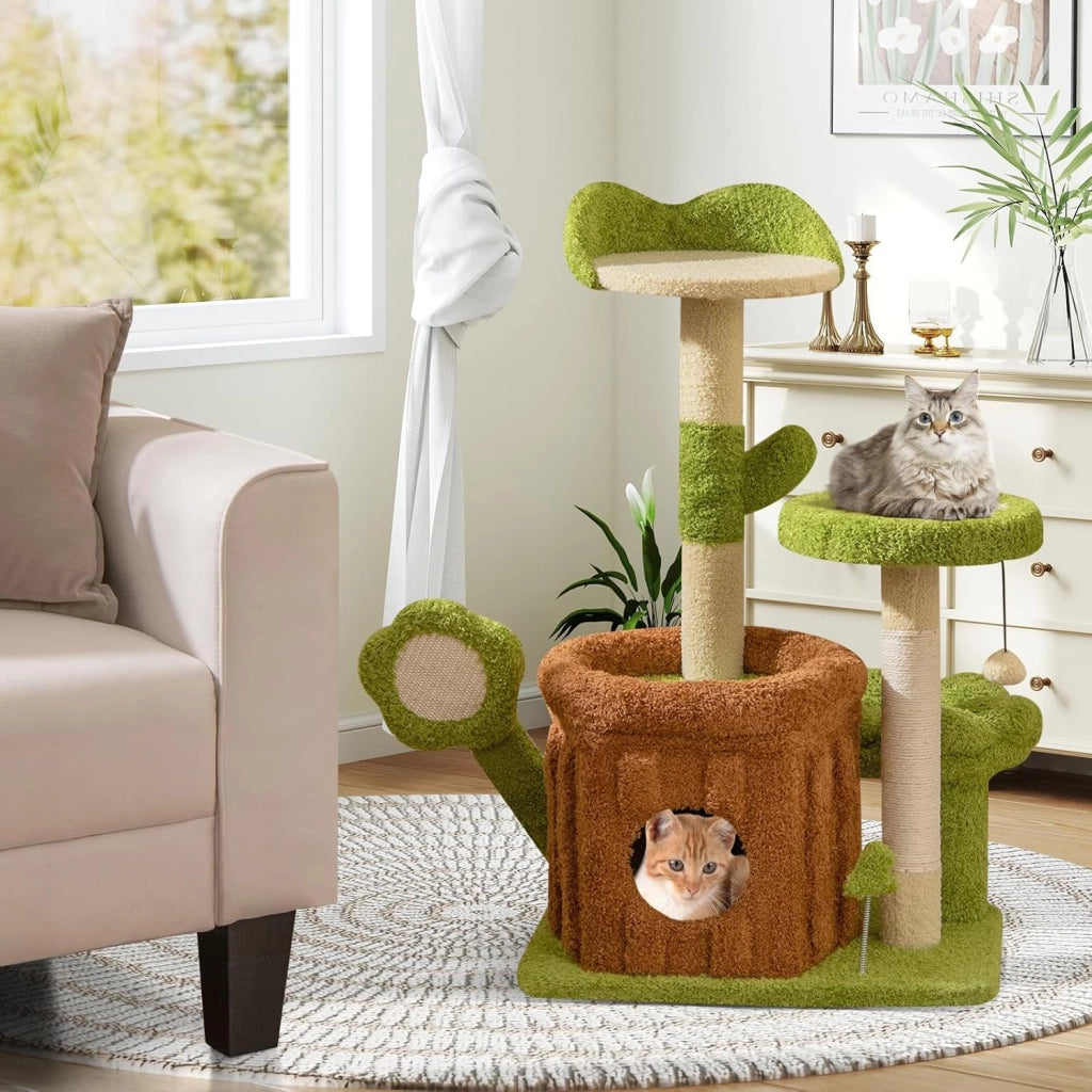 Albero per Gatti, Albero Tiragraffi per Gatto con Condominio Tronco, Trespolo a Fiore, Letto Imbottito, Pompom, Giocattolo a Molla e Piattaforme, Tiragraffi per Gatti da Interno