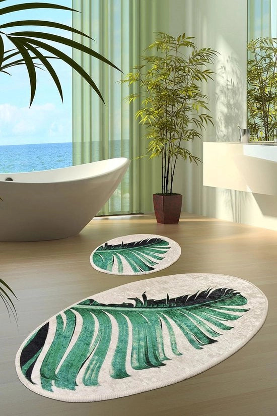 Set di tappeti per bagno ovale - antiscivolo, assorbente all'acqua - 2 pezzi - Floret - 60 x 100 cm, 50 x 60 cm