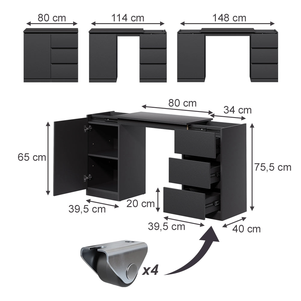 Cassettiera con funzione scrivania Varino Nero 80 x 75.5 cm estensibile Vicco