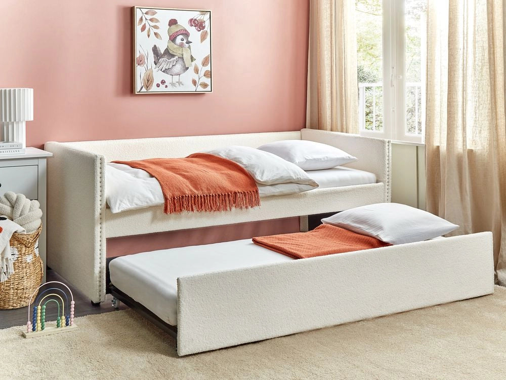 Letto estraibile 90 x 200 cm bouclé beige chiaro Singolo doghe in legno Daybed Glamour Borchie decorative