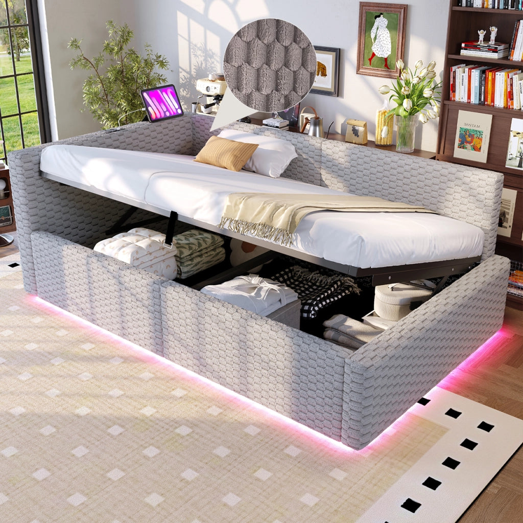 Letto imbottito 90x200 cm con vano contenitore, LED e porte USB/Type-C