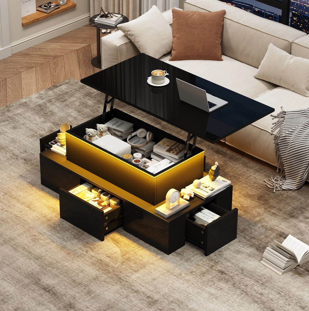 Tavolino da salotto sollevabile 100x50x40 cm nero lucido in MDF con LED e 4 cassetti