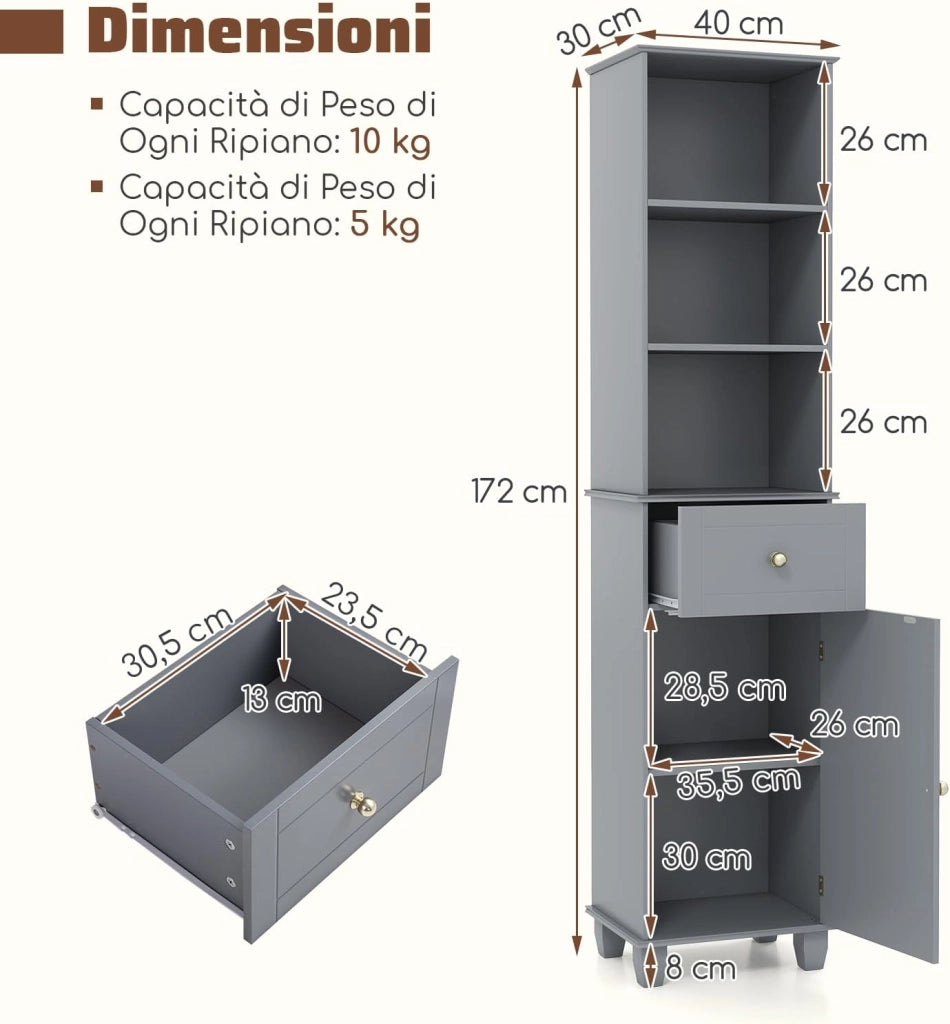Mobile Bagno Alto 172 cm, Mobiletto Stretto da Pavimento con 3 Ripiani Aperti, 1 Cassetto, 1 Anta e Ripiano Regolabile, Armadietto Salvaspazio Indipendente per Cucina e Soggiorno (Grigio)