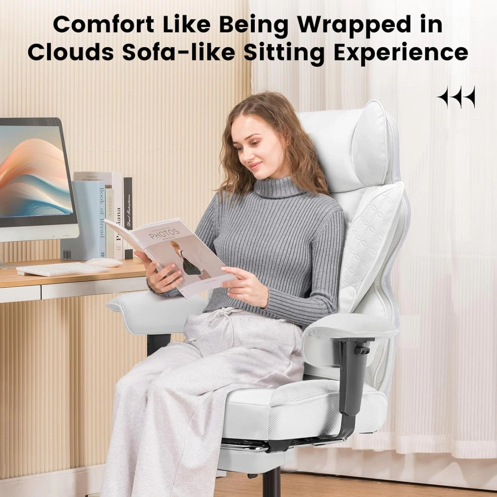 Sedia da gaming ergonomica da ufficio, sedia da scrivania con braccioli regolabili, supporto lombare a molle insacchettate per persone grandi e alte, 150 kg, ampia seduta bianca