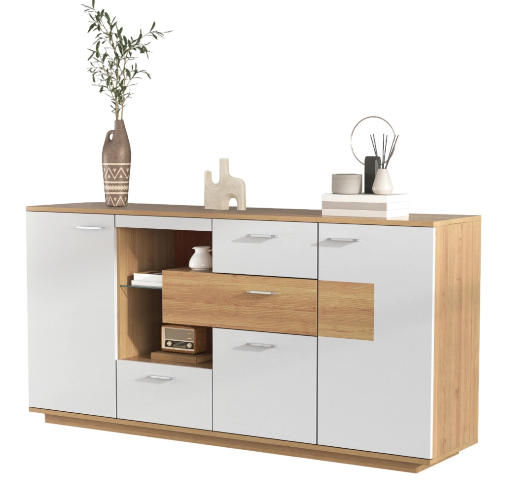 Credenza moderna 160x40x77 cm con LED, 2 ante e 4 cassetti