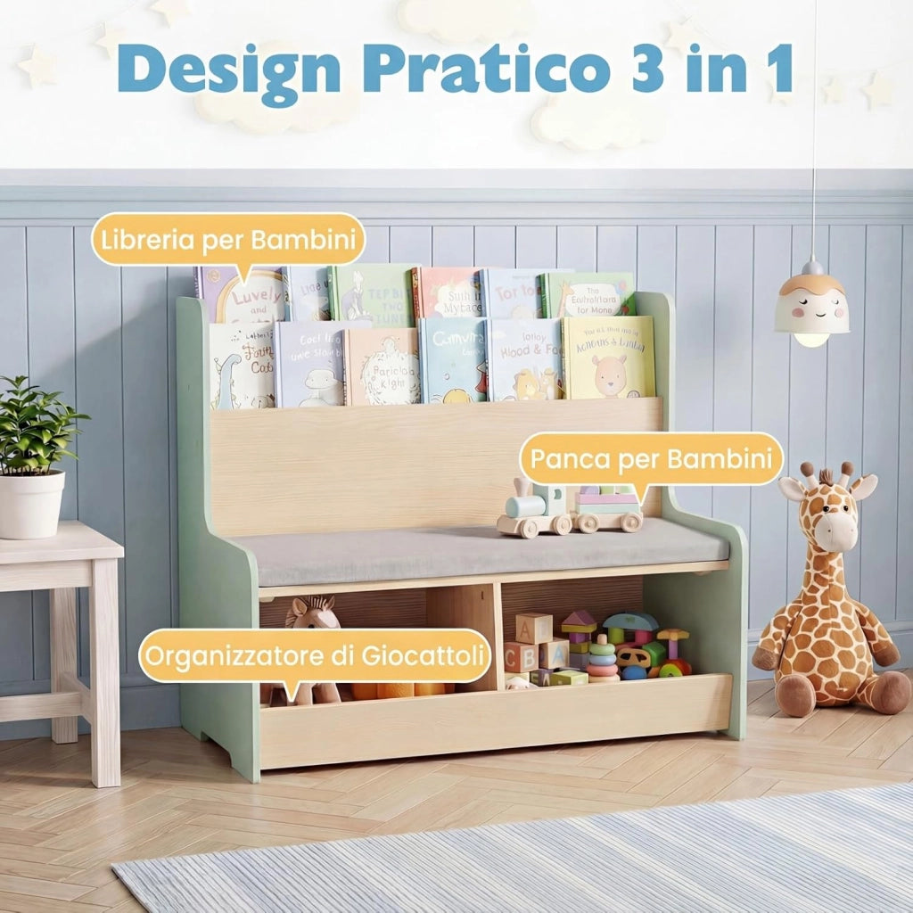 Libreria Montessoriana Salvaspazio per Bambini con Panchina Verde | Porta Libri Bambini con Portariviste a 2 Ripiani, 2 Scomparti Aperti e Cuscino Seduta Rimovibile per Cameretta