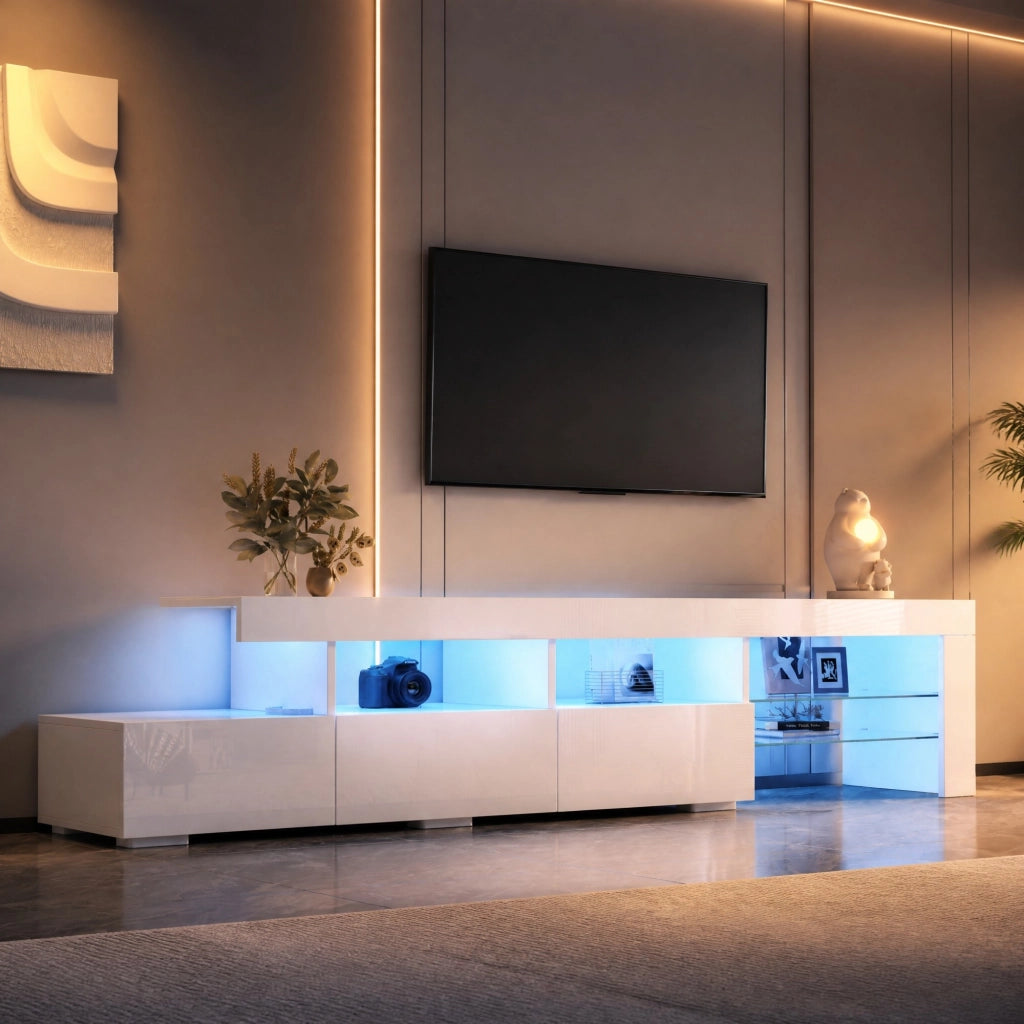 Mobile TV bianco lucido da 180 cm con LED, 3 cassetti, 7 vani e 2 ripiani in vetro