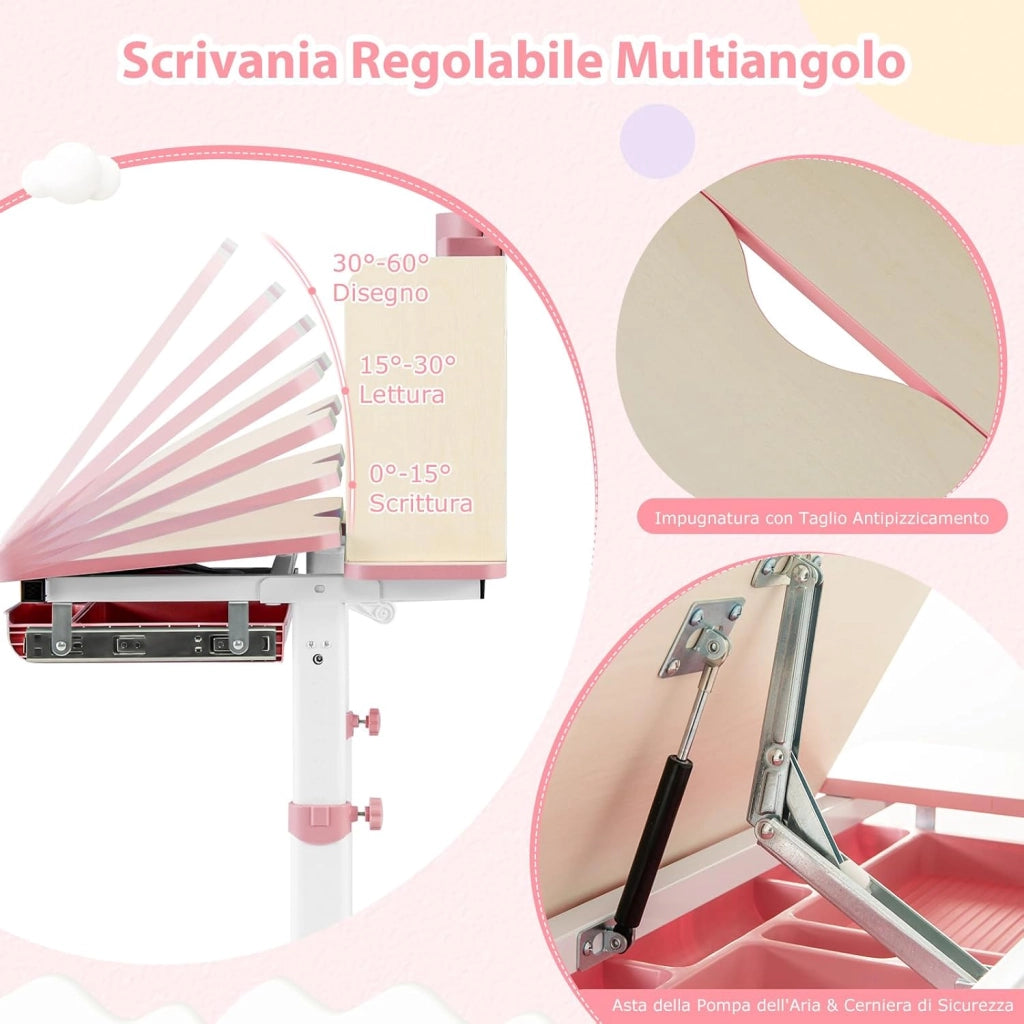Scrivania per Bambini Regolabile in Altezza da 50 a 73cm, Rosa | Scrivania da Studio con Piano Inclinabile 60°, Scrittoio Cameretta con Scaffale, Cassetto, Portapenne e Righello