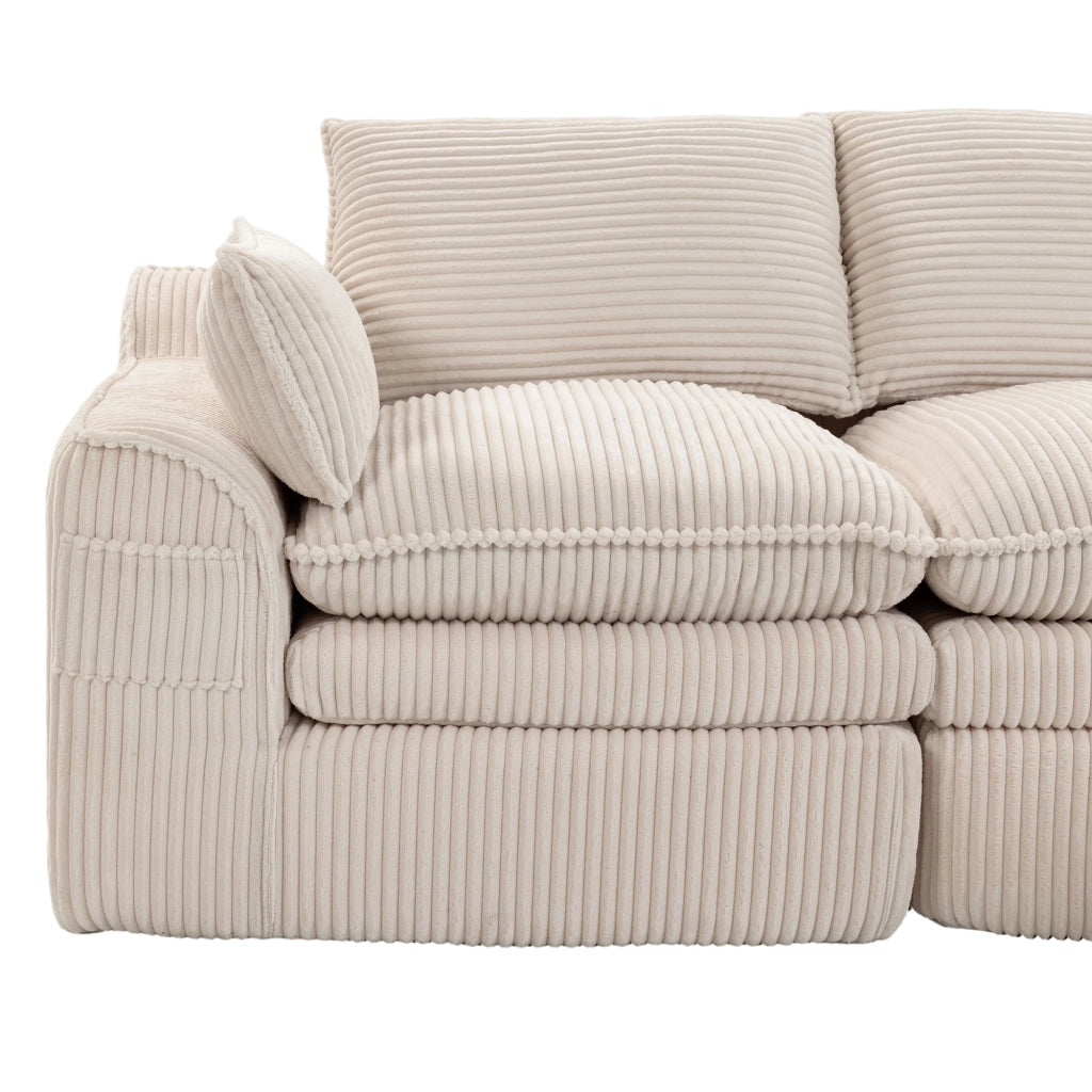 Divano a 2 posti in tessuto corduroy beige con tasche laterali, cuscini e struttura in schiuma a 3 strati con molle