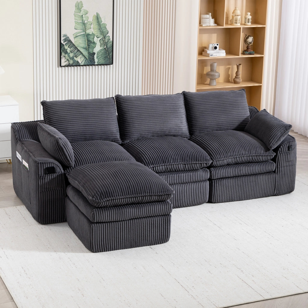Divano modulare 3 posti con pouf, cuscini e tasche laterali, in tessuto corduroy grigio scuro per soggiorno e ufficio