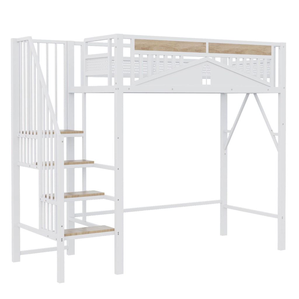 Letto a soppalco 90x200 cm con scala di sicurezza; metallo e legno