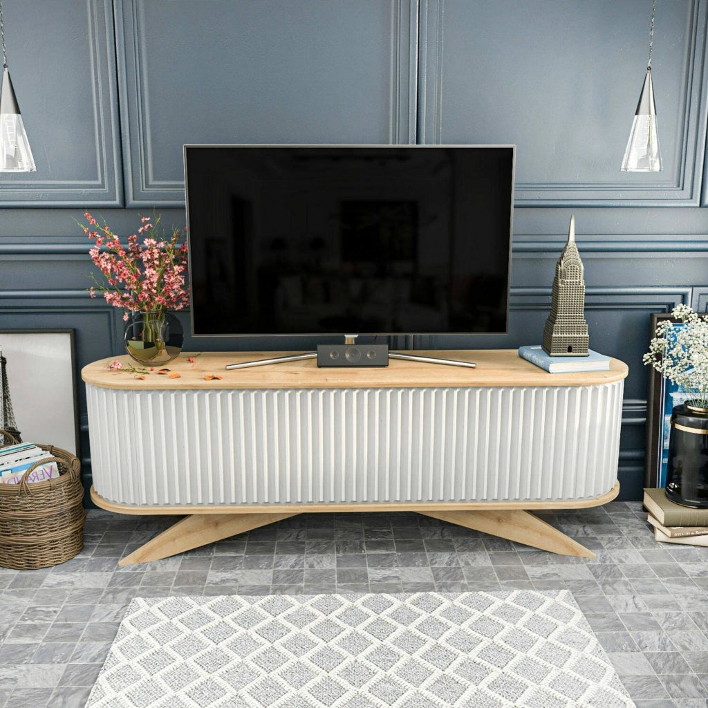 Mobile porta TV Bailu, Credenza da soggiorno, Armadio basso per TV, Base parete attrezzata, 180x43h60 cm, Quercia e Bianco