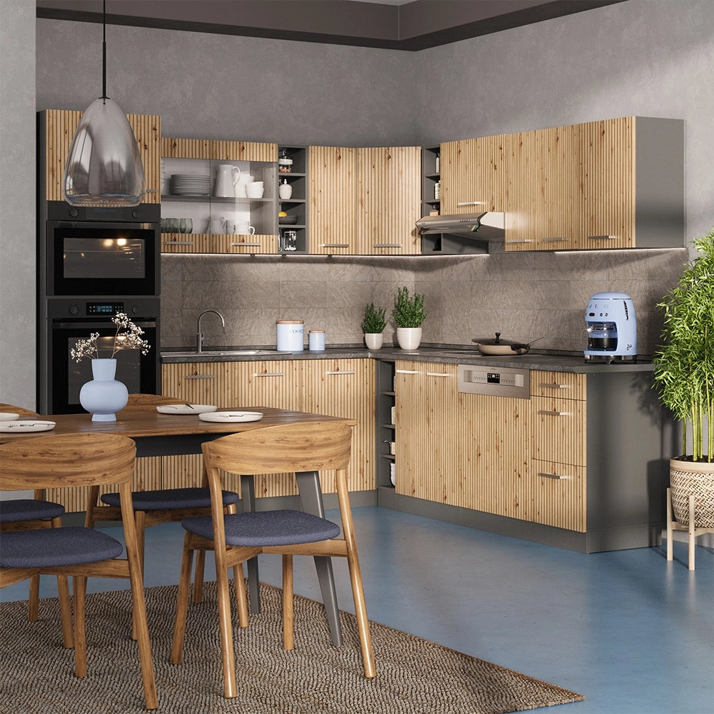 Cucina angolare completa R-Line Rovere artigianale/Antracite 247 x 237 cm, PL Rovere Vicco
