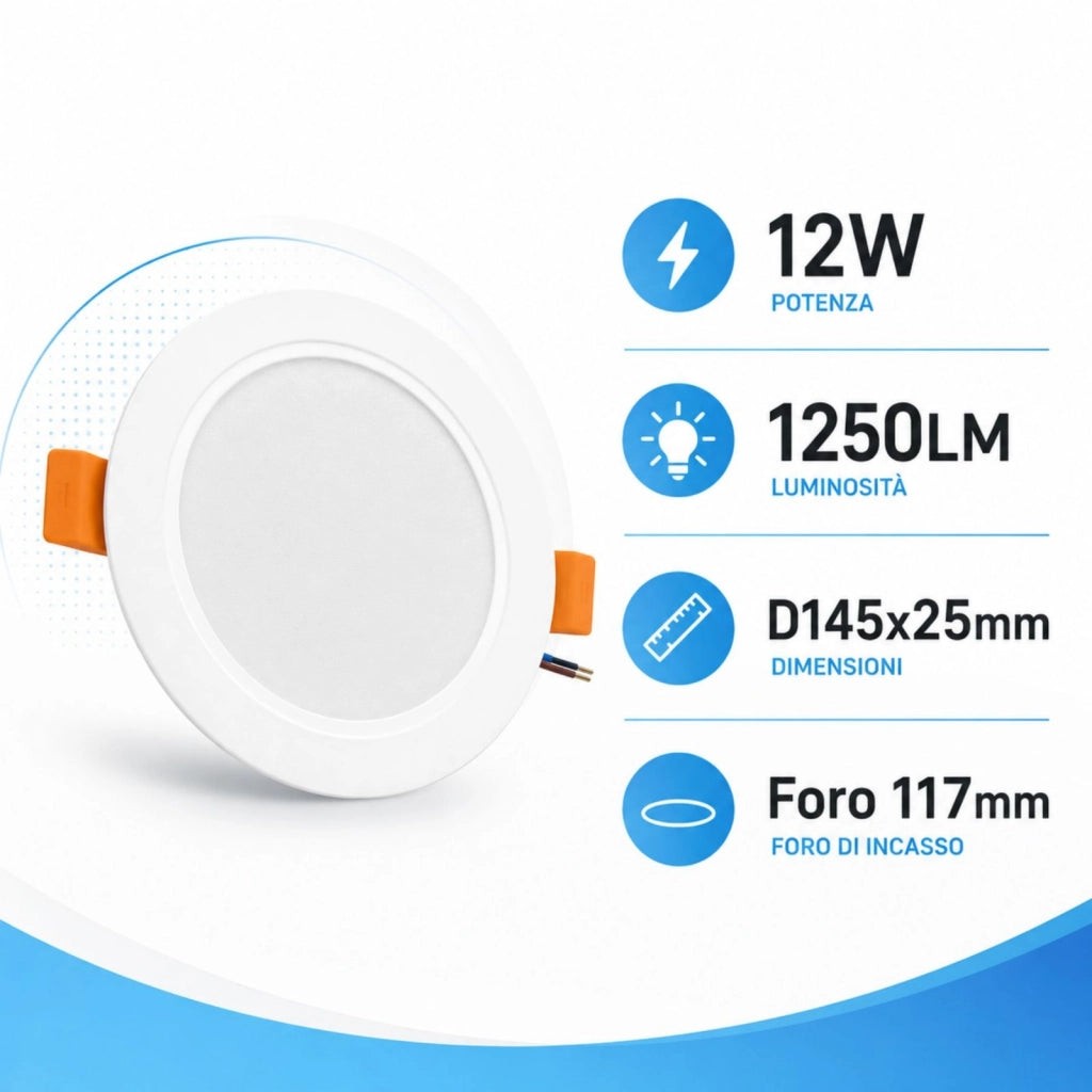 Faretto Led da Incasso CCT 12W 1250lm, D145X25mm, Foro 117mm, 3 Colori 3000K 4200K 6500K Angolo 120° IP20