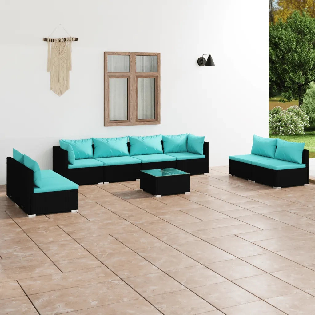 Set Divani da Giardino 9 pz con Cuscini in Polyrattan Nero 3102257