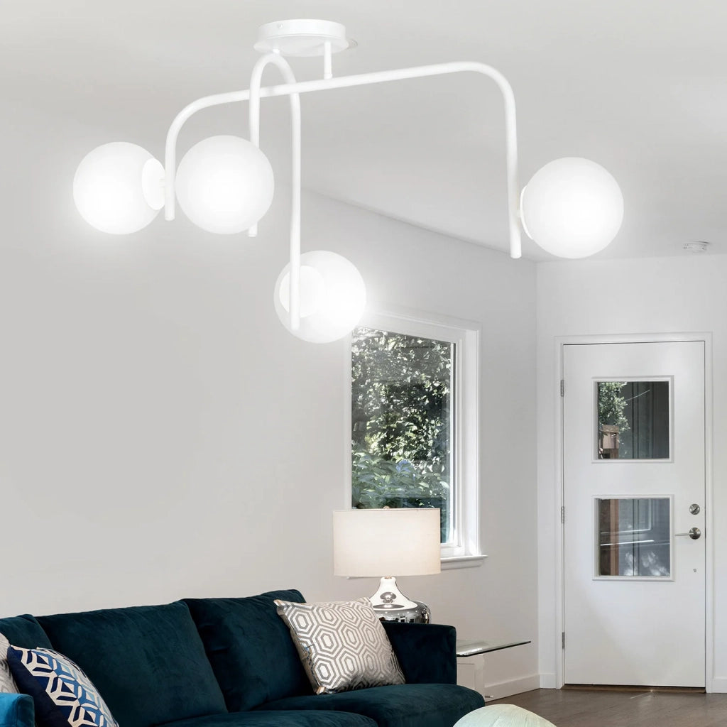 Lampadario 4 Luci Rama In Acciaio Bianco A Bracci E Sfere In Vetro Opalino