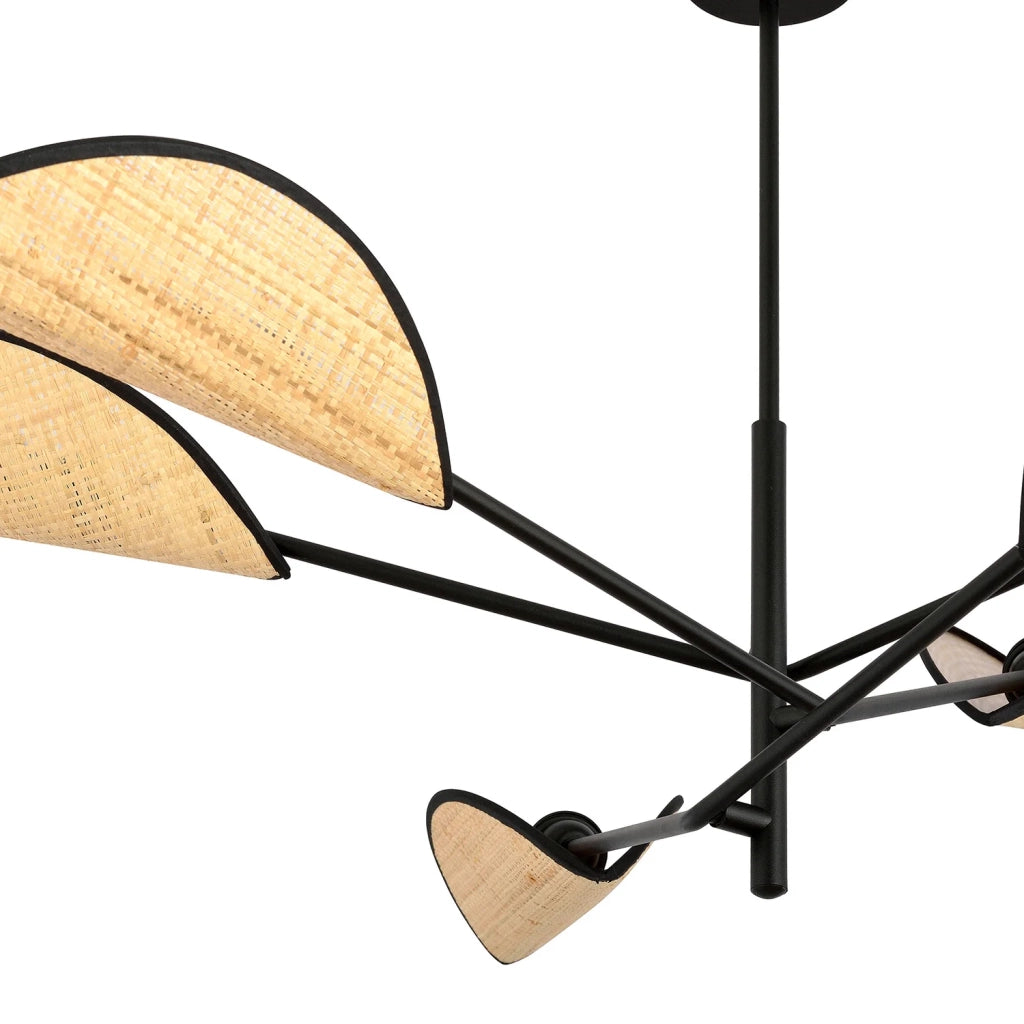 Lampadario 6 Luci Eridano In Acciao Nero E Rattan Con Bracci Mobili