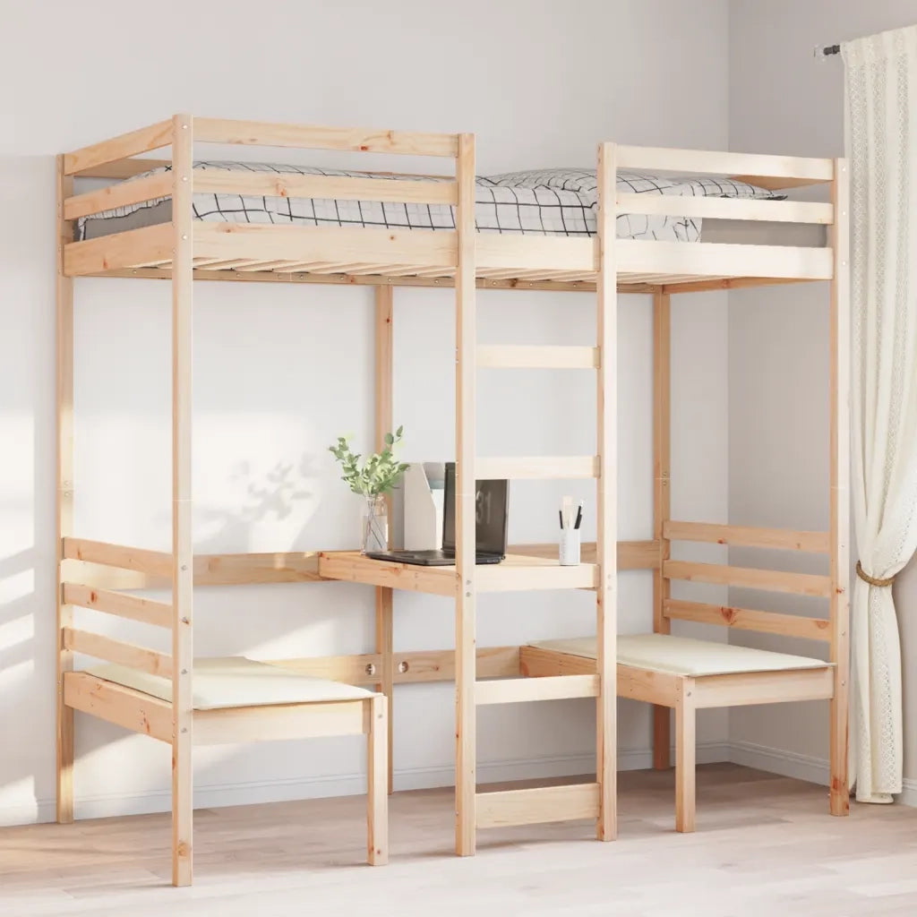 Giroletto Soppalco con Scrivania e Sedie-Struttura Letto 80x200cm Legno Pino