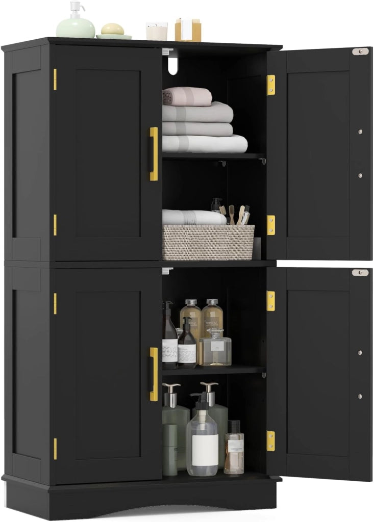Mobile da bagno, mobile da bagno, 4 ante e 2 ripiani rimovibili, regolabili in 3 posizioni, 2 kit anti-ribaltamento, per cucina, sala da pranzo, soggiorno (nero)