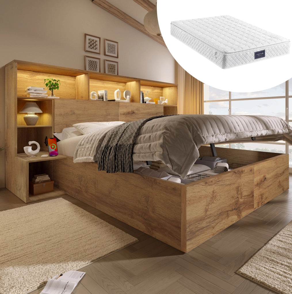 Letto matrimoniale contenitore 160x200 cm in effetto rovere; con LED; USB e materasso