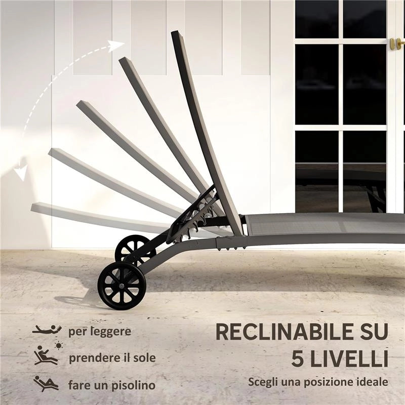 SET 2 LETTINI PRENDISOLE CON SCHIENALE RECLINABILE, IN ALLUMINIO E TESSUTO TRASPIRANTE, 66X165X102 CM, GRIGIO SCURO