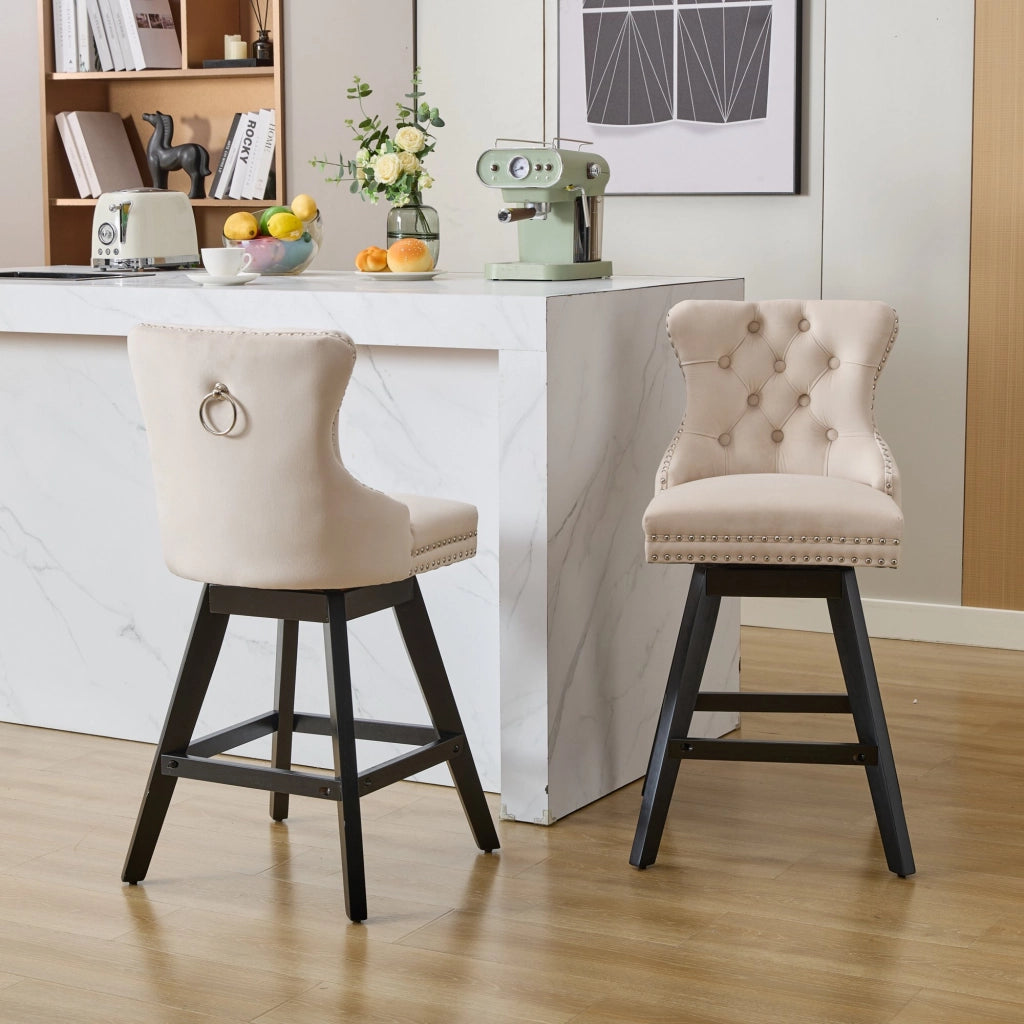 Sgabelli da Bar in Velluto con Gambe in Legno ¨C MINIMAL ¨C Beige, Set 2 Pezzi