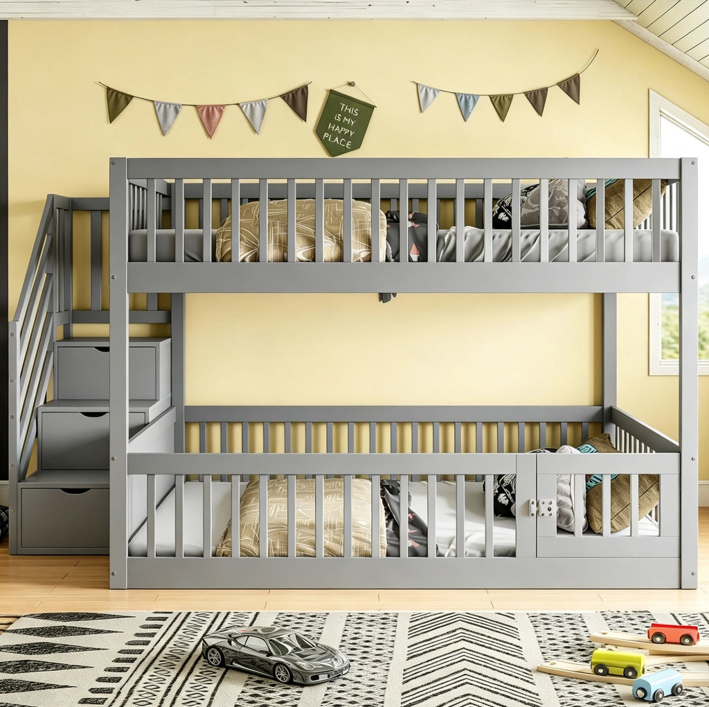 Letto a castello 140x200 cm in legno grigio con scala contenitore