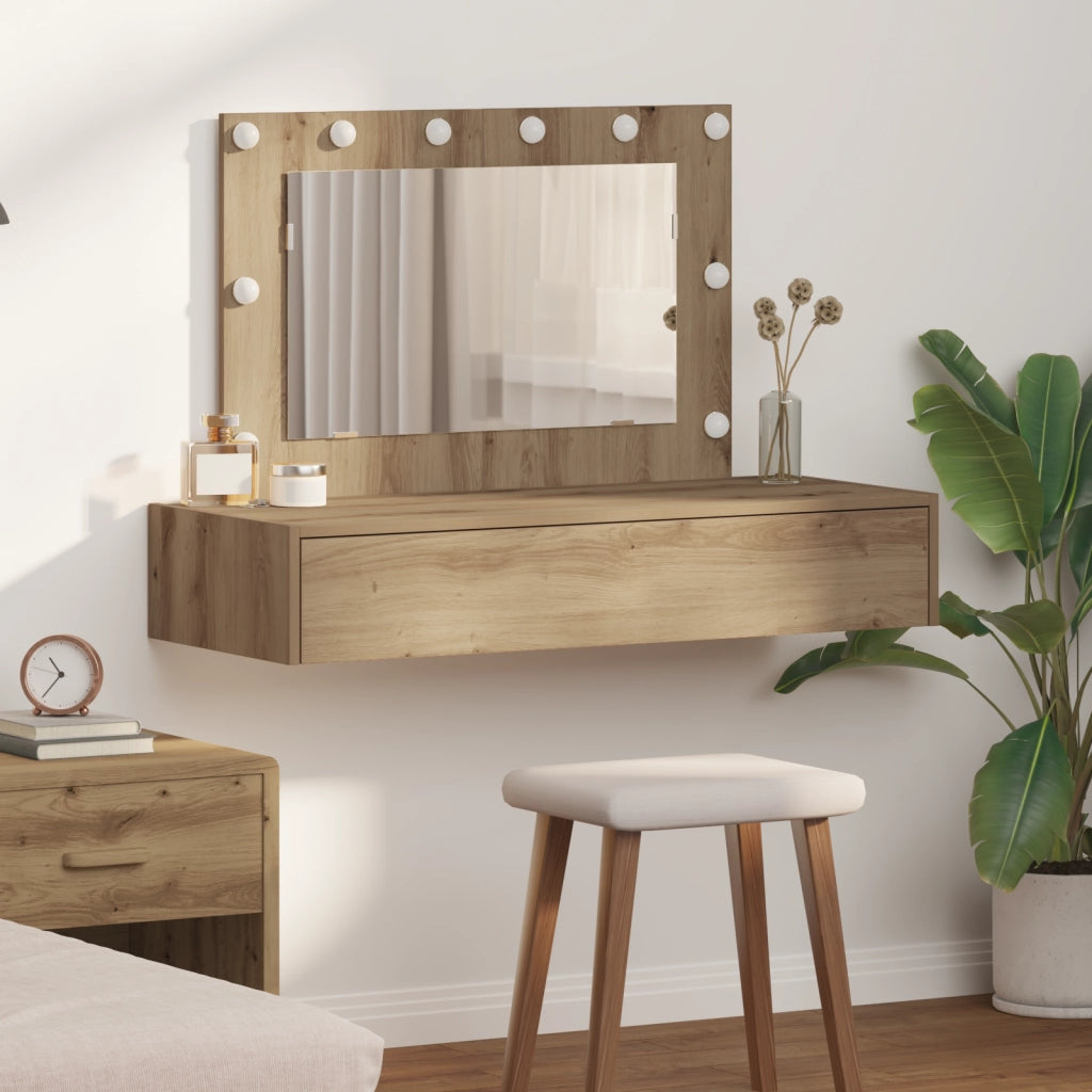 Tavolo da trucco appeso con luci LED in rovere artigianale