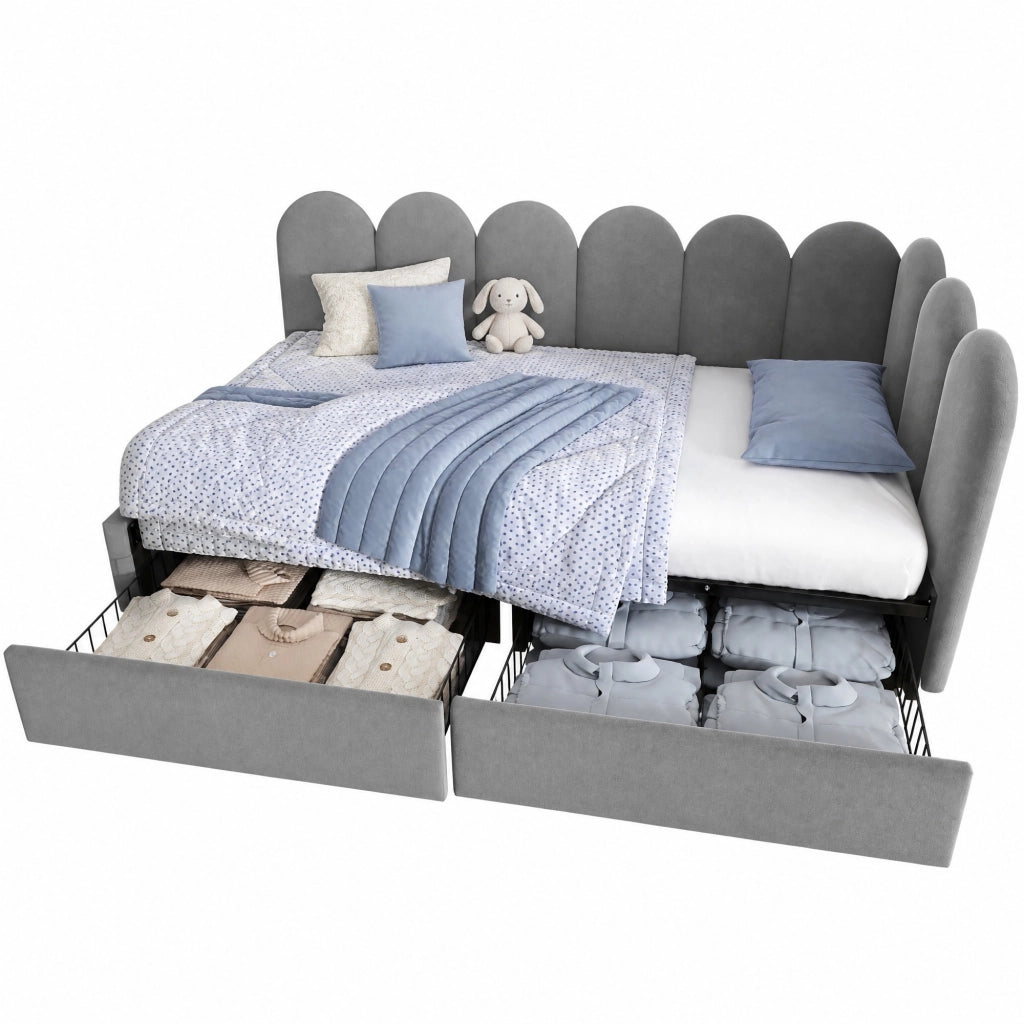 Letto singolo imbottito con 2 cassetti e rete a doghe 90x190 cm grigio