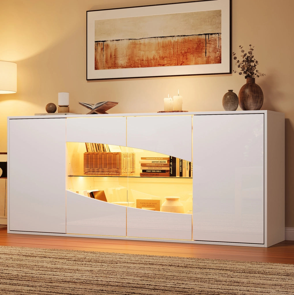 Credenza con vetrina LED RGB 160x35x70 cm in MDF bianco lucido con 4 ante e ripiani regolabili