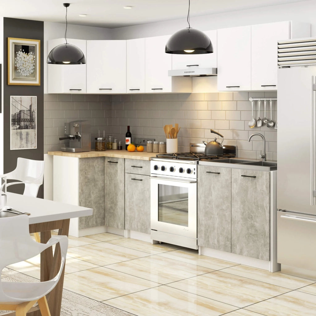 AKORD Set di Mobili da Cucina OLIWIA 300 cm Bianco 300 cm 11 ante 1 cassetto inserto frontale Cemento 300x46x203 cm
