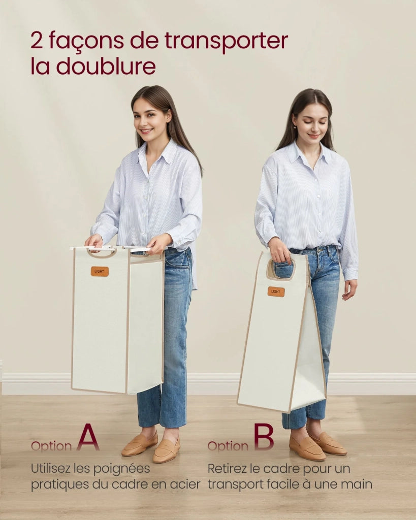Cesto portabiancheria con 4 scomparti capacità 150 litri cestino con ruote carrello con ripiani borsa tasche laterali 6 etichette beige naturale marrone caramello e bianco crema 12_0006657