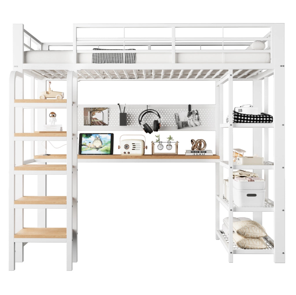 Letto a soppalco in metallo 90x200 cm con LED; scrivania e prese; bianco