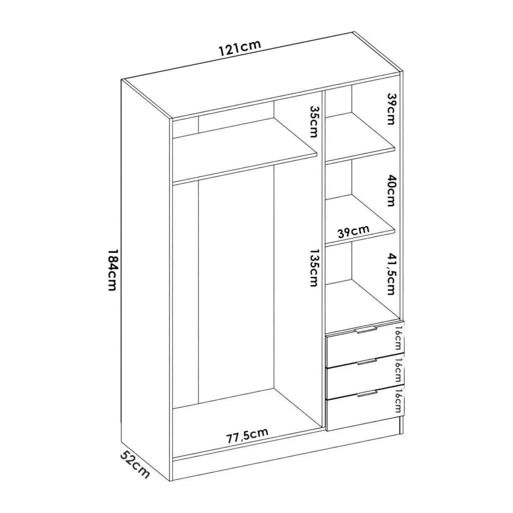 Guardaroba Astru, Mobile appendiabiti per camera da letto, Armadio a 3 ante battenti e 3 cassetti, 121x52h184 cm, Bianco