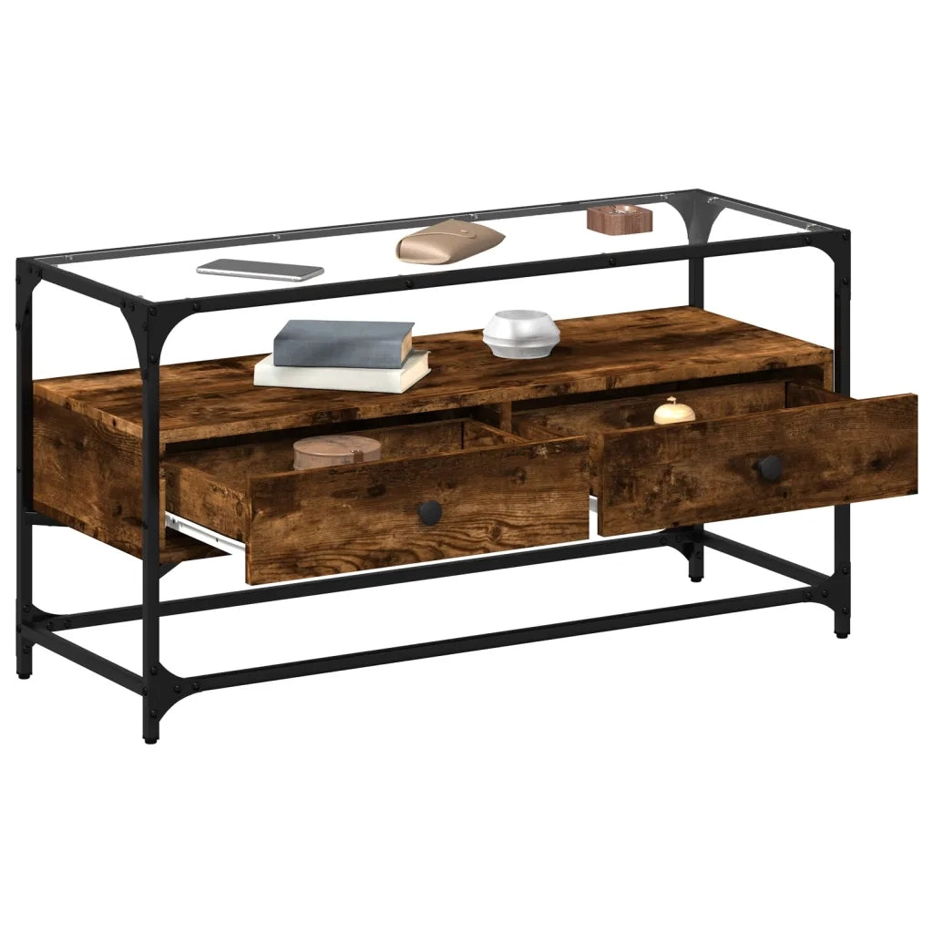 Mobile TV Piano-Credenza per TV-Console TV Vetro Rovere Fumo 98x35x51cm Legno Multistrato