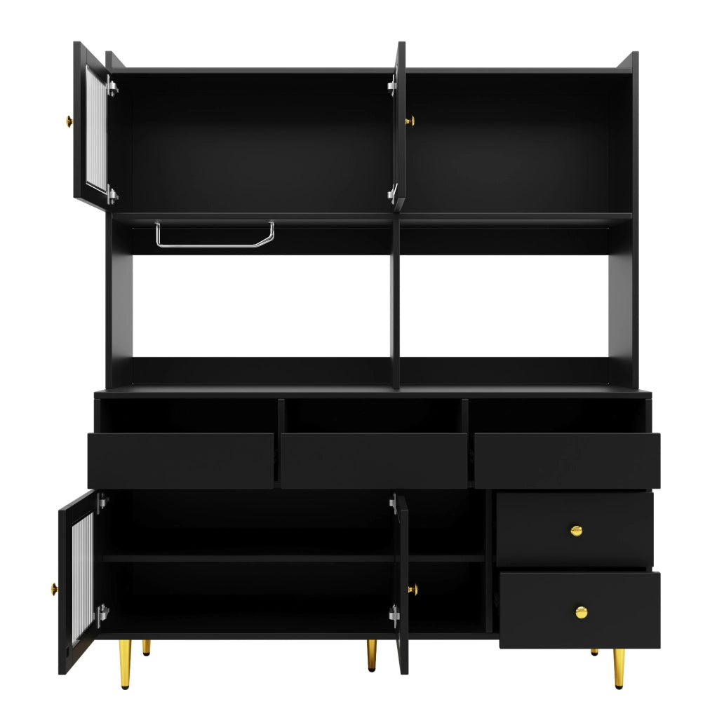 Credenza 145x39x171 cm con ante in vetro Changhong e portabottiglie; MDF e metallo; nero