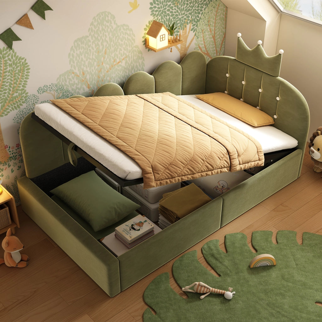 Divano letto contenitore 90 × 200 cm con sollevamento idraulico, senza materasso, in velluto verde