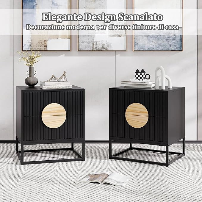 Comodino a 2 Cassetti, Tavolino con Maniglie in Legno di Pino e Struttura in Metallo, Cassettiera Salvaspazia Moderna per Camera da Letto e Soggiorno, 48 x 40 x 55 cm