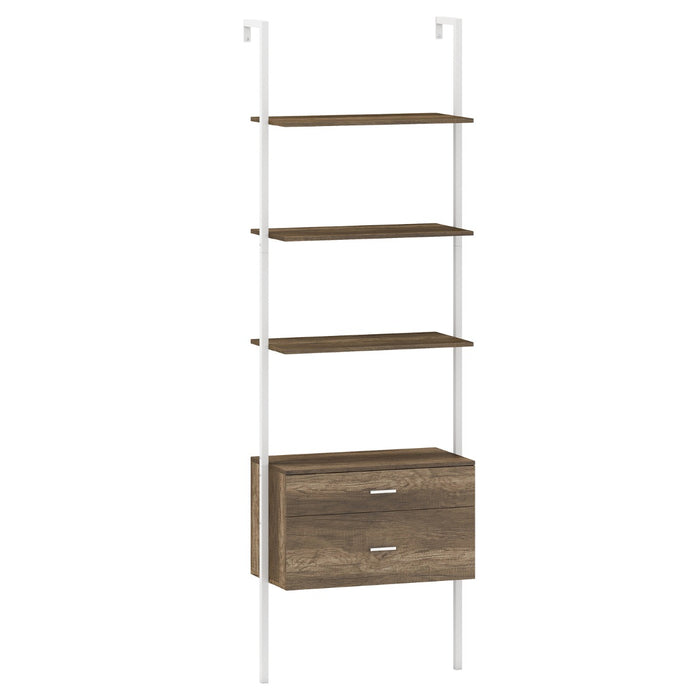 Libreria a scala a 6 ripiani con 2 cassetti e struttura in metallo-Libreria a scala da parete alto 184 cm Grigio chiaro