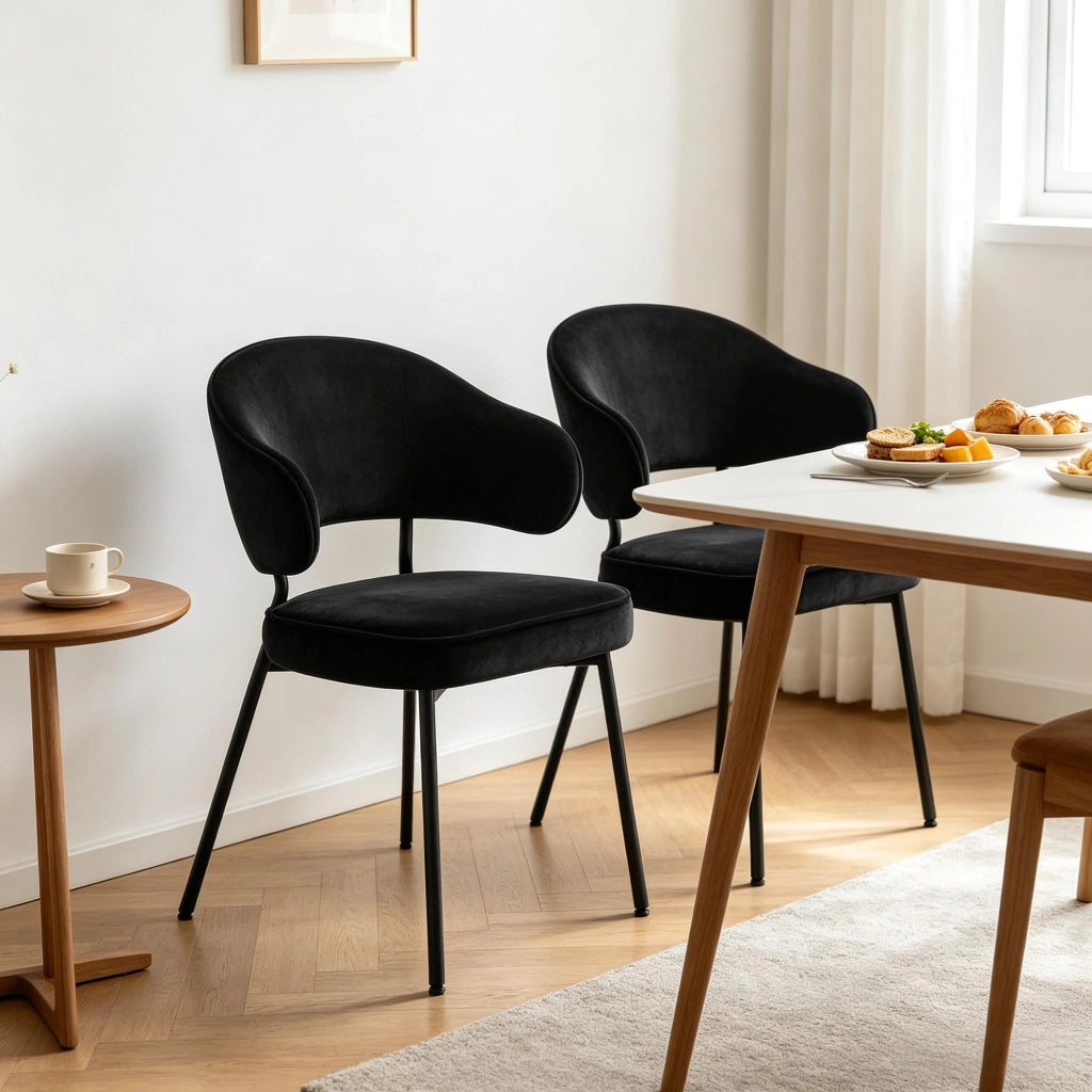 Set di 2 sedie da pranzo imbottite in velluto nero, con braccioli e struttura in metallo, portata 120 kg