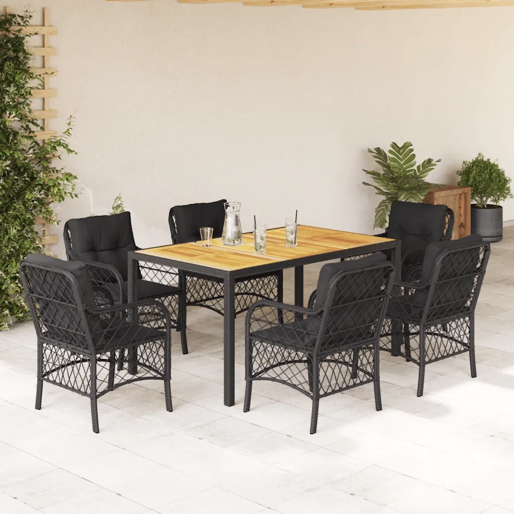 Set da Pranzo da Giardino 7 pz Nero con Cuscini in Polyrattan 3212045