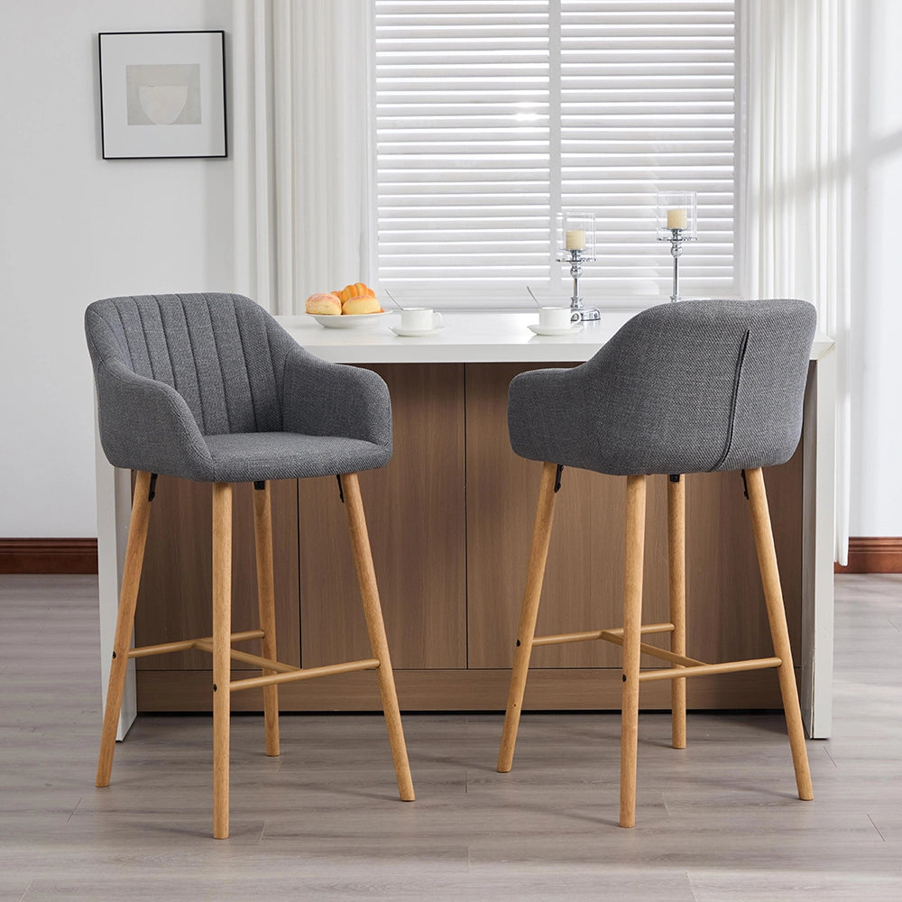 Tabouret da bar moderno stile europeo - Xylo - Schienale alto e braccioli seduta in lino gambe in legno