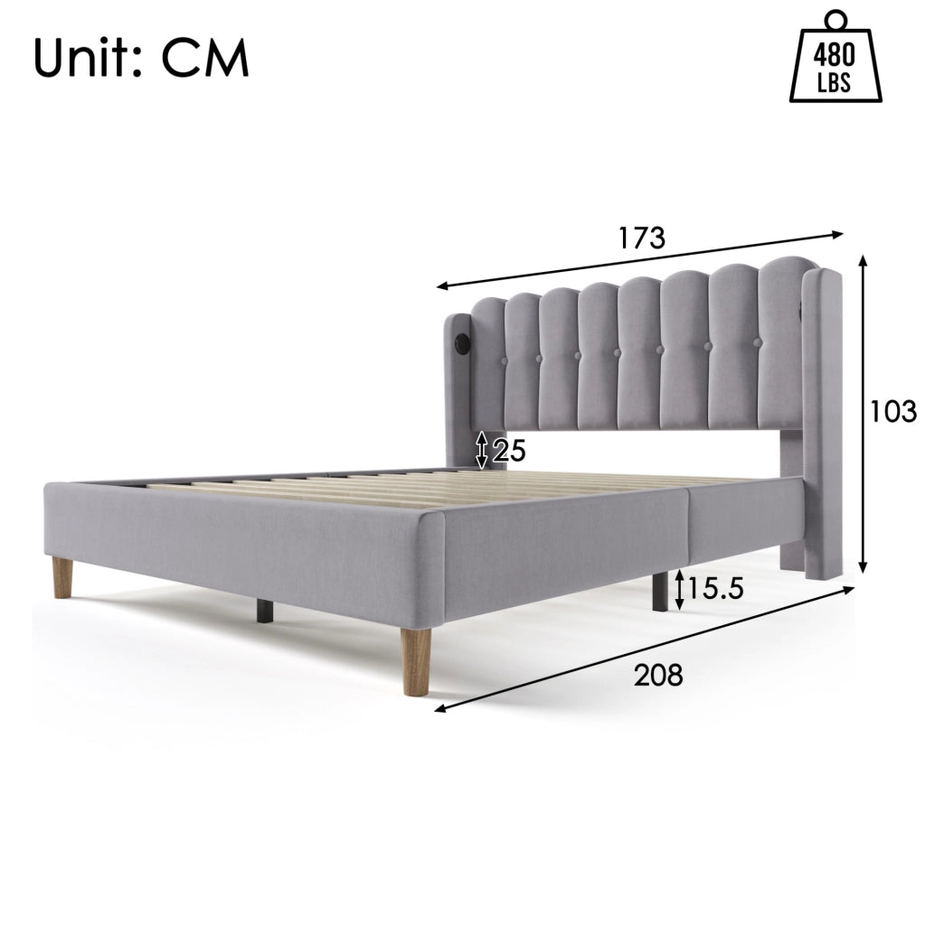 Letto matrimoniale ULEVR 160x200 cm imbottito in lino grigio con rete a doghe, USB e Type-C