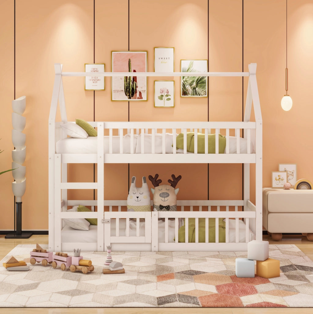 Letto a castello per bambini 90x200 cm con scala; design bianco in legno