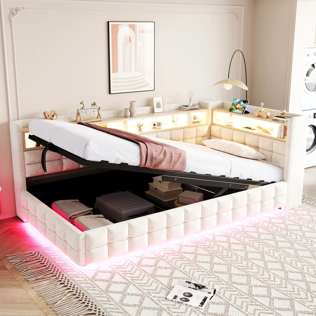 Letto imbottito con contenitore 90x200 cm in velluto beige; LED; prese e ripiani
